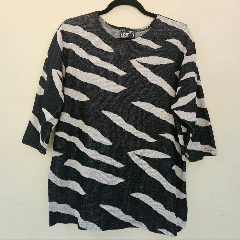 Vintage SWAT Tunic Top Black White Zebra Print 3/4 Length Sleeve Women Sz M